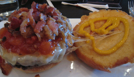 FiveStar05 Five Star Burger with Gorgonzola Cheese, Applewood Smoked Bacon, Tomato Relish and Caramelized Onions